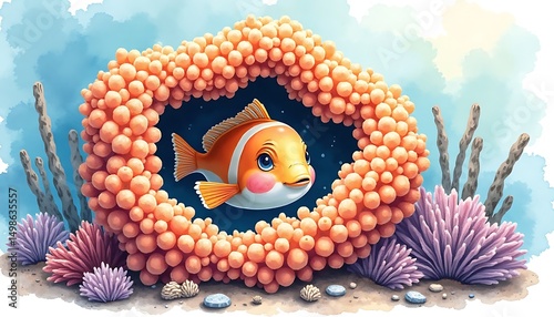 Cartoon Fish Swimming in Coral Reef Watercolor Illustration