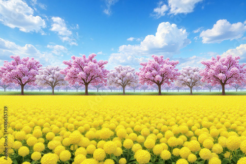 field of yellow flowers with cherry blossoms in the background