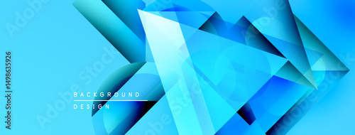 Abstract blue geometric shapes create dynamic background. Bright gradients, sharp angles, modern design elements present.
