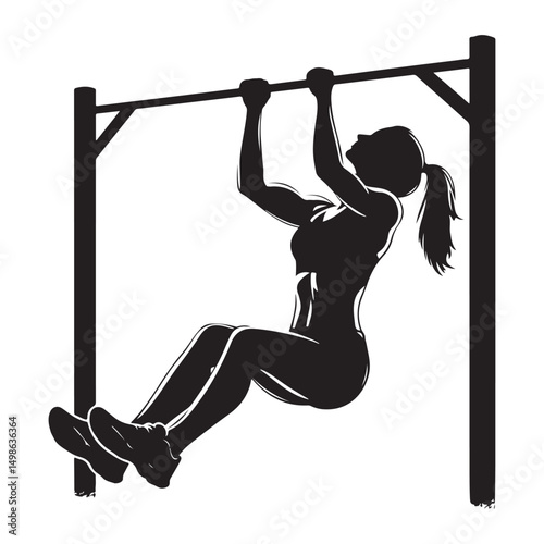 Strong Woman Silhouette Vector Doing Pull Up Exercise