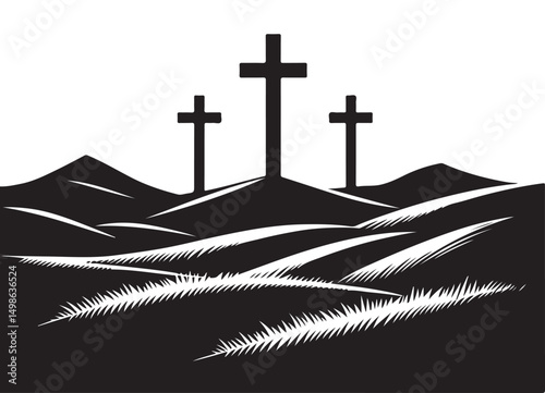 Religious Hillside with Three Crosses Symbolizing Easter Christian Faith