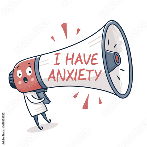 A cute, cartoon megaphone whispering "I have anxiety" softly, with a worried expression; white background.