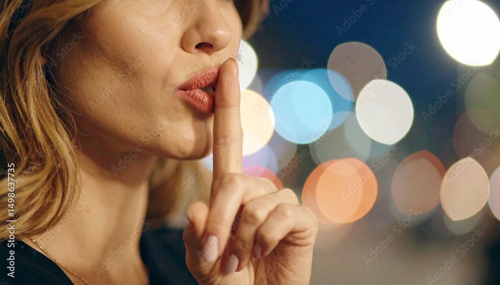 Fototapeta premium Close up of a woman make a shush silent gesture without show whole face.