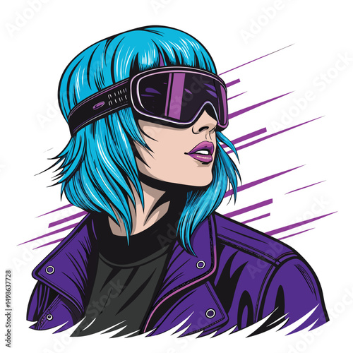 A striking cyberpunk woman, neon blue hair cascading, wearing a futuristic visor and glowing accessories, stands in a rain-slicked city street.