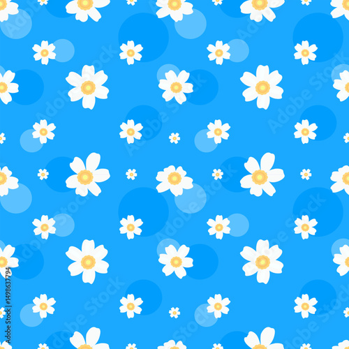White flower and blue bubble on blue background, design of flower seamless pattern collection.