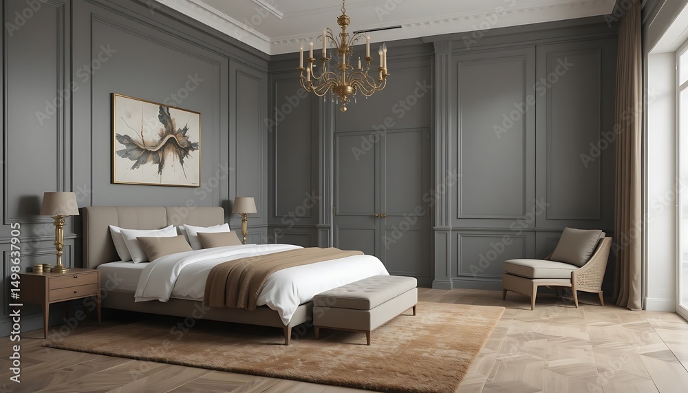 Fototapeta premium Luxurious Gray and Beige Bedroom Interior Design with Modern Abstract Art and Classic Chandelier