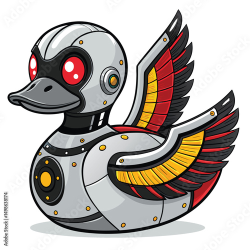 Render a detailed image of a cyborg duck, featuring a glowing red robotic eye and a mechanical wing.  Show intricate robotic details.