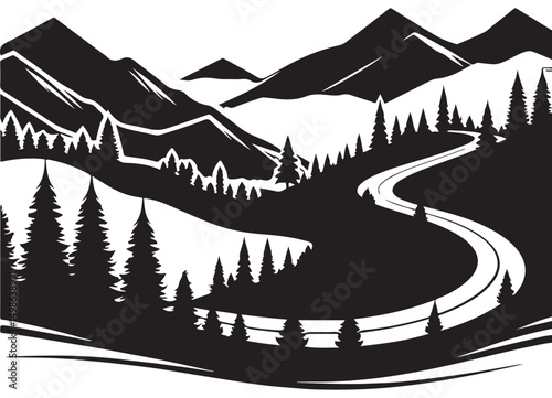 Scenic Mountain Road Trip Adventure Vector Illustration Design Element