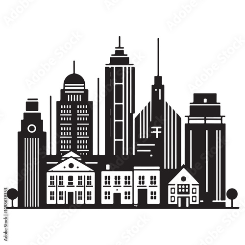 Modern Cityscape Skyline Illustration Featuring Buildings and Houses