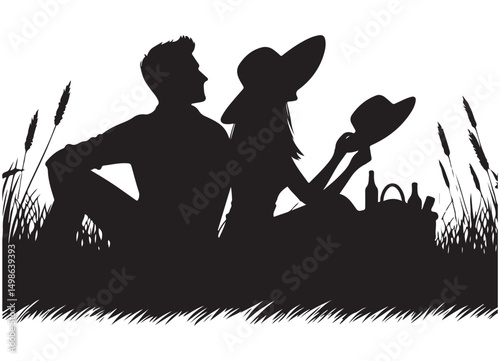 Romantic Picnic Silhouette Illustration of a Couple Relaxing