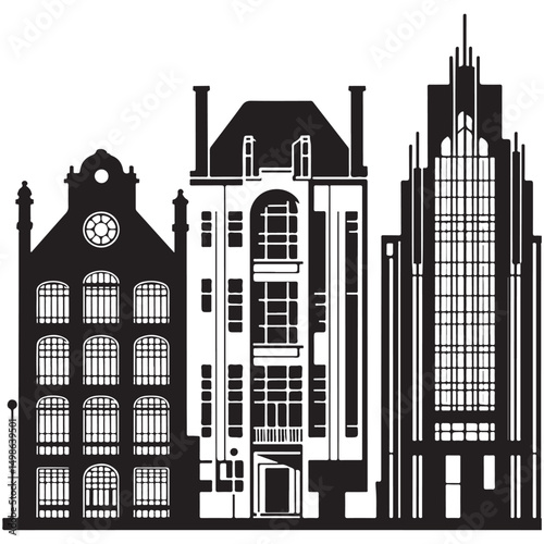 European Architecture Buildings Urban Cityscape Black Silhouette Illustration