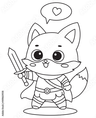 Coloring book fox warrior holds a sword with a heart bubble