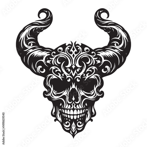 Ornate skull with devil horns drawing perfect halloween decoration