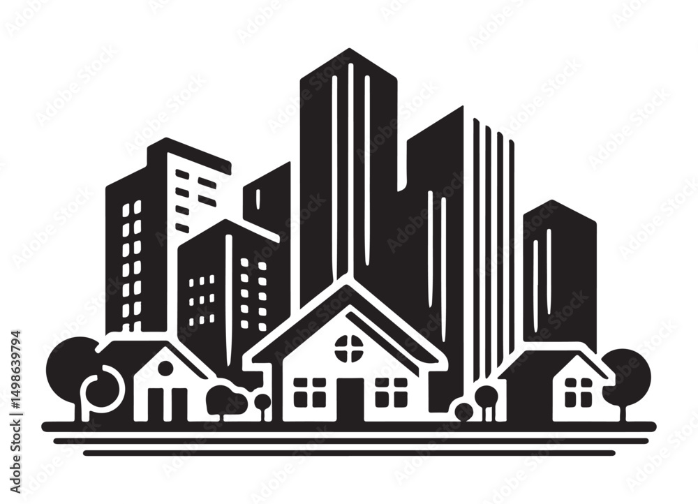 Obraz premium Cityscape Vector Silhouette Illustration with Houses and Buildings