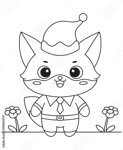 Coloring book fox in a festive Santa hat and smart attire,