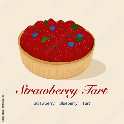 Strawberry tart isolated on beige background. Design of strawberry tart collection. Hand drawn dessert vector. 