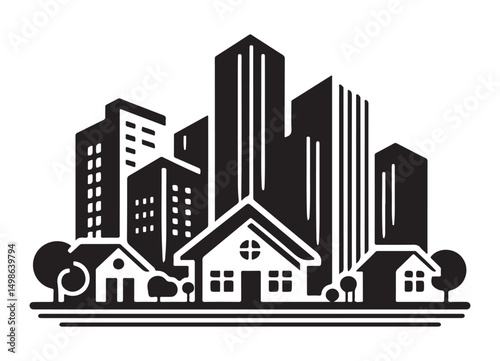 Cityscape Vector Silhouette Illustration with Houses and Buildings