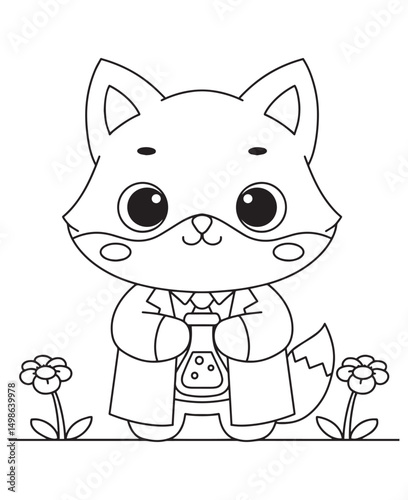 Coloring book fox dressed as researcher poses holding medical equipment