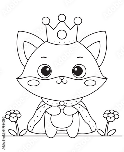 Coloring book fox wearing a crown and a royal cape, looking like a true prince