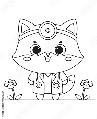 Coloring book fox dressed as a doctor, complete with a stethoscope and head mirror.