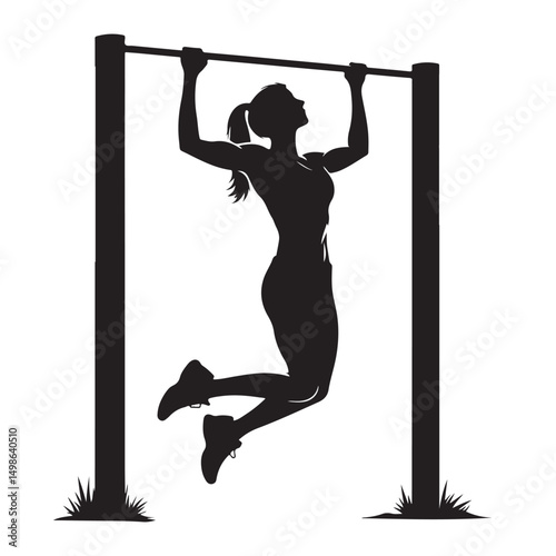 Silhouette Woman Pulling Up Exercising Strength Training Vector Artwork