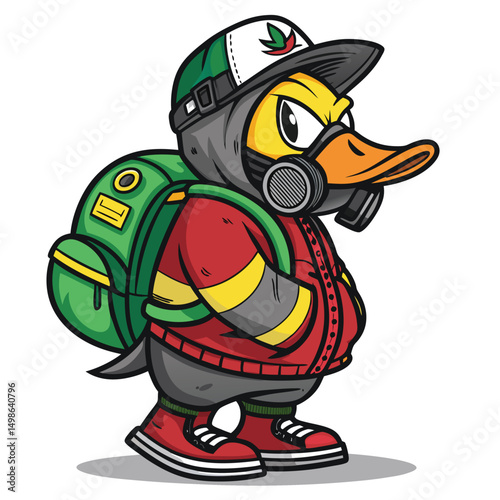 A cartoon duck wearing a red mask and backpack, spray-painting graffiti art on a wall.  Dynamic pose, vibrant colors.