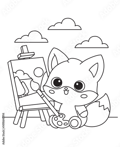 Coloring book fox artist Color this cute fox wearing a beret and overalls, holding a paintbrush and palette