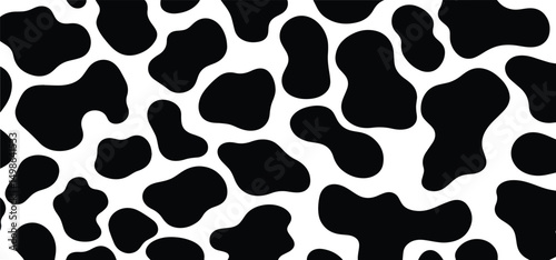 Vector cow print pattern background. Black irregular patches on white backdrop. Abstract cow skin or fur texture. Hand drawn design. Farm animal print