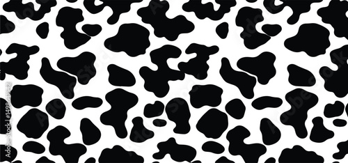 Vector cow print pattern background. Black irregular patches on white backdrop. Abstract cow skin or fur texture. Hand drawn design. Farm animal print