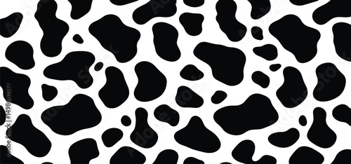 Vector cow print pattern background. Black irregular patches on white backdrop. Abstract cow skin or fur texture. Hand drawn design. Farm animal print