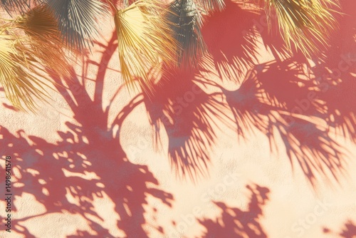 Palm tree shadows on a peach-toned wall. Soft, warm hues. Tropical ambiance