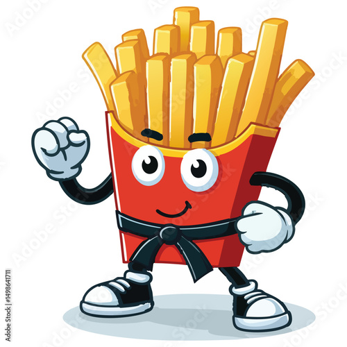 Cartoon French Fries Karate Master with Black Belt Icon