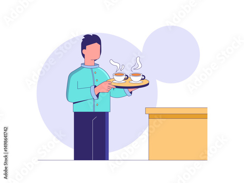 Waiter will serve tea. Tea illustration. Flat outline vector illustration concept.	
