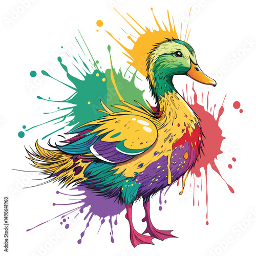 Abstract duck portrait composed of vibrant spray paint splashes, showcasing dynamic, irregular shapes and textures.