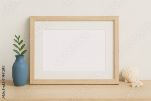 2:3 landscape horizontal picture frame mockup with mat for photos and art. Nautical or coastal decor with seashells and blue vase.