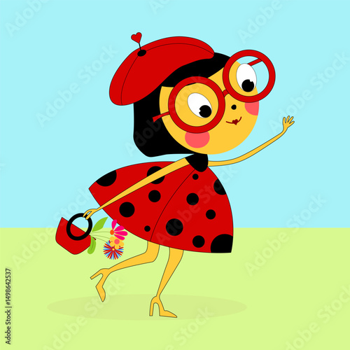 Cartoon ladybug with glasses in a red beret and a polka dot dress holding a handbag with flowers, against a sky and grass background. Perfect for kids' designs.