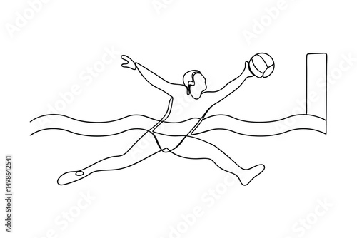 Continuous one line drawing water polo player scoring goal