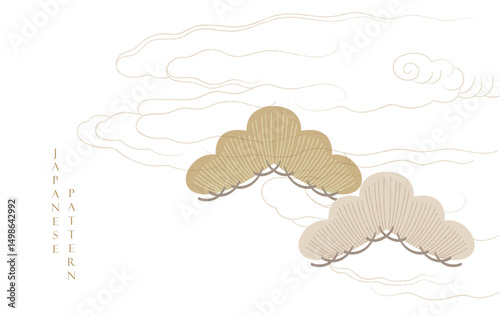 Gold brush stroke texture with Japanese chinses cloud pattern in vintage style. Abstract art landscape banner design