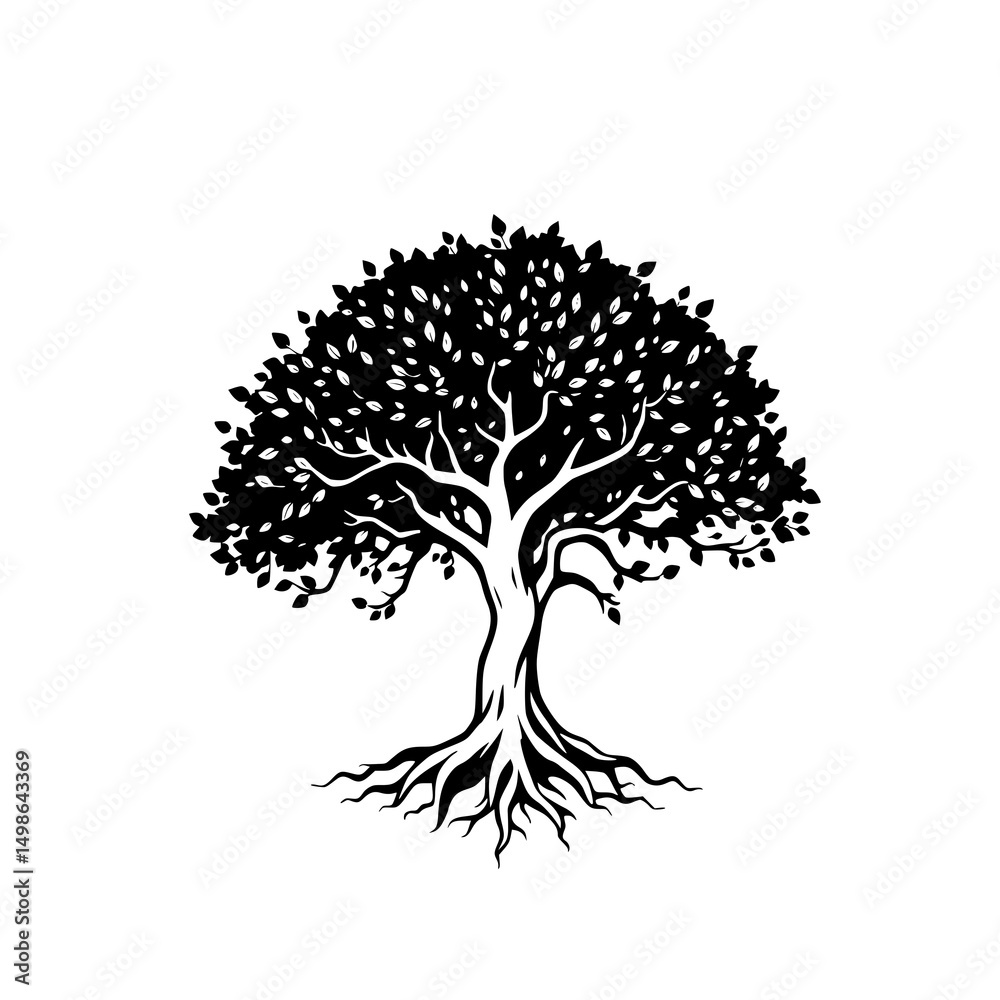 Naklejka premium Ancient Tree of Life: A striking monochrome illustration depicts a majestic tree with sprawling roots and lush foliage, symbolizing growth and strength.