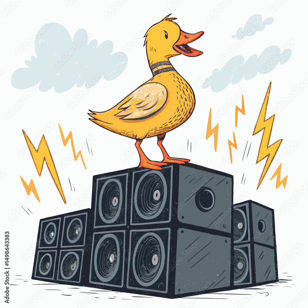 A duck majestically perched atop a chaotic stack of vintage speakers, with vibrant lightning illuminating the scene.