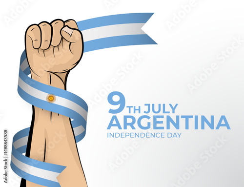 Vector illustration of Happy Independence Day greeting card for the country of Argentina with clenched fists and a flag ribbon. Use for banners on a white background