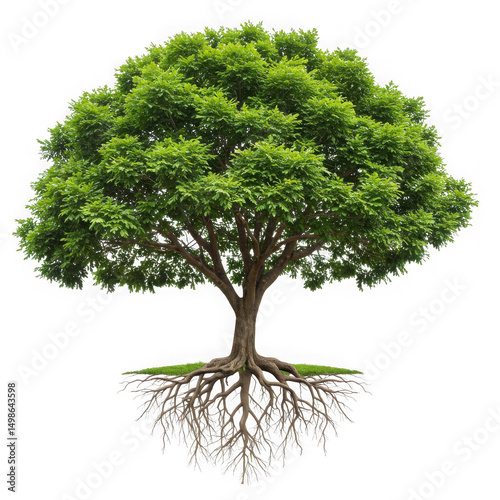 Isolated tree with green leaves and exposed roots on a transparent background