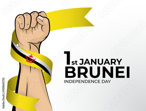 Vector illustration of Happy Independence Day greeting card for the country of Brunei with clenched fists and a flag ribbon. Use for banners on a white background