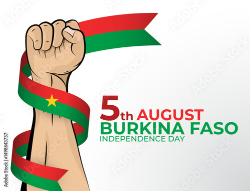 Vector illustration of Happy Independence Day greeting card for the country of Burkina Faso with clenched fists and a flag ribbon. Use for banners on a white background
