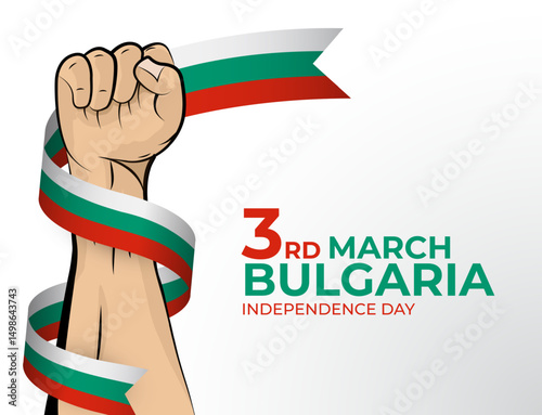 Vector illustration of Happy Independence Day greeting card for the country of Bulgaria with clenched fists and a flag ribbon. Use for banners on a white background
