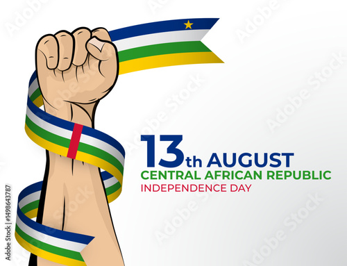 Vector illustration of Happy Independence Day greeting card for the country of Central African Republic  with clenched fists and a flag ribbon. Use for banners on a white background