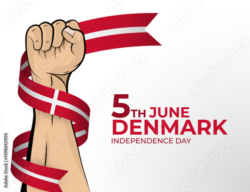 Vector illustration of Happy Independence Day greeting card for the country of Denmark with clenched fists and a flag ribbon. Use for banners on a white background