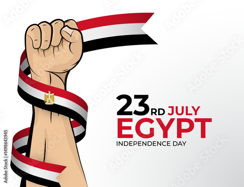 Vector illustration of Happy Independence Day greeting card for the country of Egypt with clenched fists and a flag ribbon. Use for banners on a white background