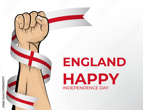 Vector illustration of Happy Independence Day greeting card for the country of England with clenched fists and a flag ribbon. Use for banners on a white background