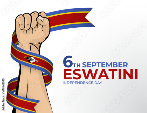 Vector illustration of Happy Independence Day greeting card for the country of Eswatini with clenched fists and a flag ribbon. Use for banners on a white background